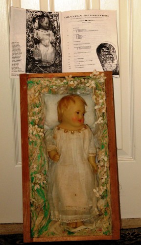 GRAVE DOLL WAX EFFIGY 1860 WITH BOOK