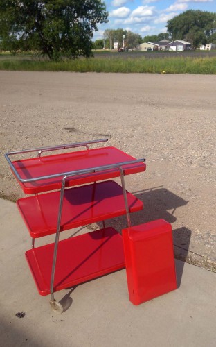 vintage mid century modern three tier red rolling cart and red industrial paper towel holder