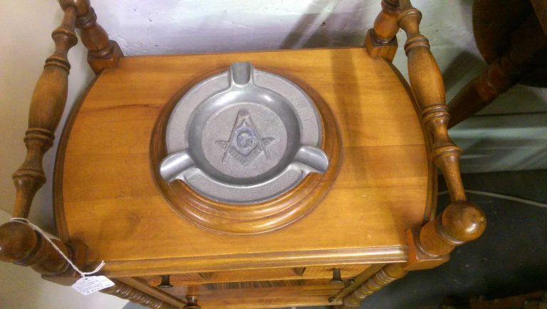 Handsome Vintage Wooden Smoking Stand Humidor with Freemasons Ashtray