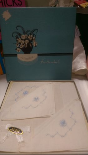 vintage boxed white hankies with blue embroidery